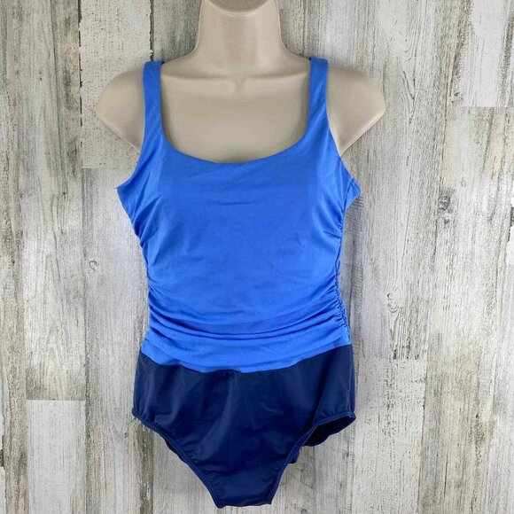 Lands End One Piece Swimsuit Womens 12 Blue Nylon Ruched Sides‎ - Picture 2 of 9